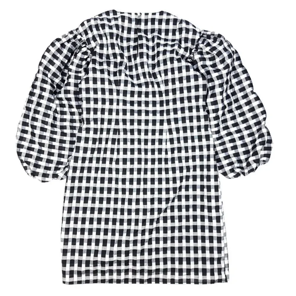 J CREW Puff Sleeve mini dress textured plaid Womens XS Cottagecore Black White